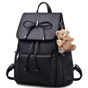 Chic Elegance Black Leather Backpack with Teddy Charm mybagify.in